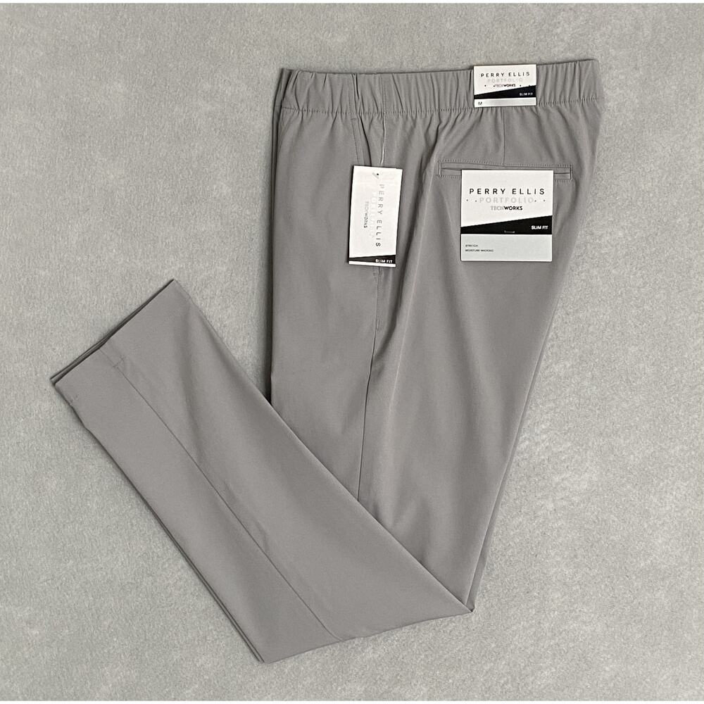 Perry Ellis Portfolio Men's Medium TechWorks Pants Slim Fit Drawstring Alloy NEW - Picture 1 of 13
